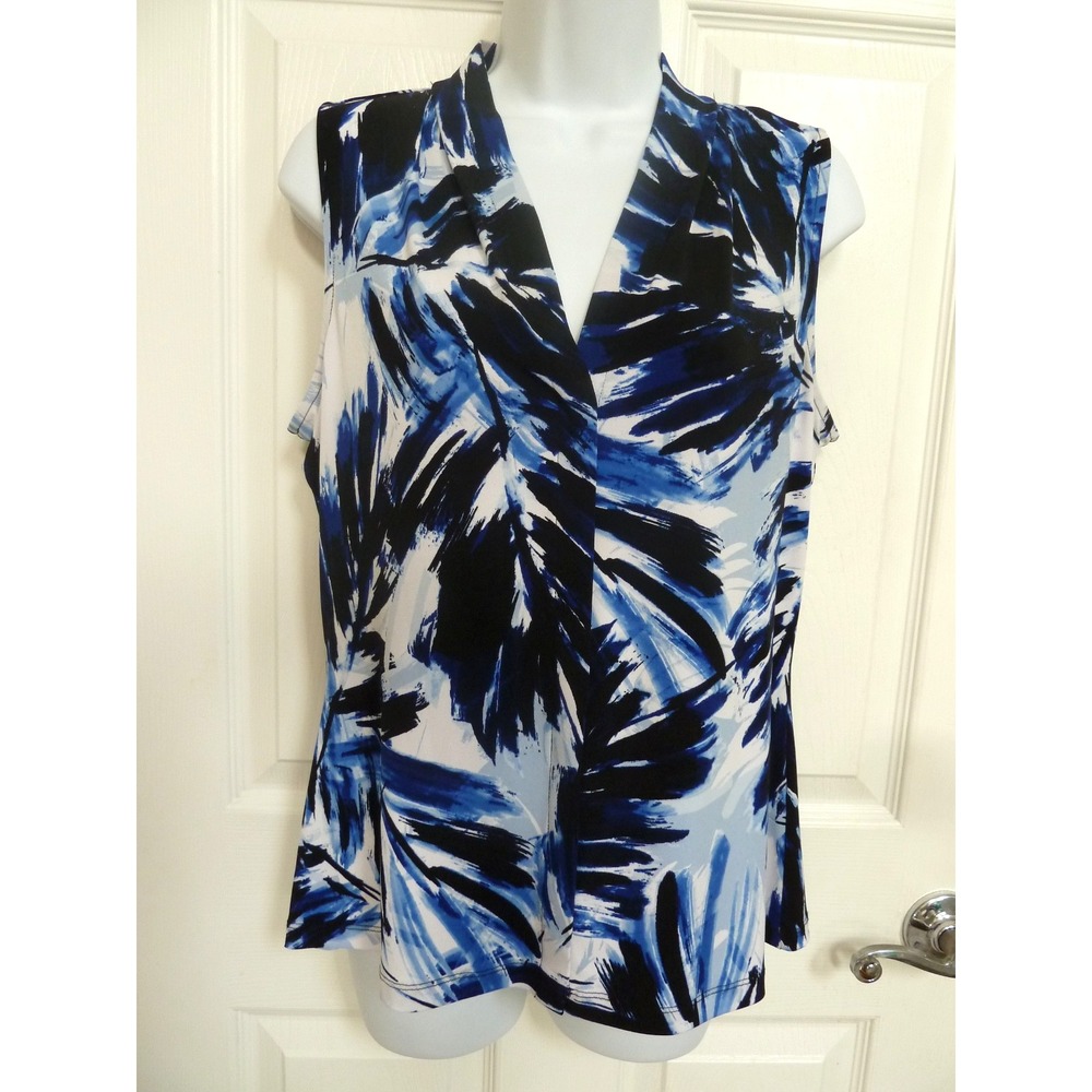 Calvin Klein Womens Medium Blue Abstract V-Neck Sleeveless Career Blouse